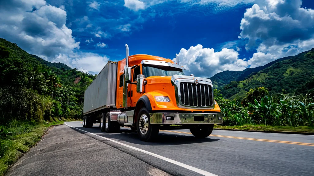 Tractocamión HX International con contenedor de carga